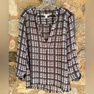 Caslon Plaid Tunic Blouse Pink & Gray V-Neck Size Small